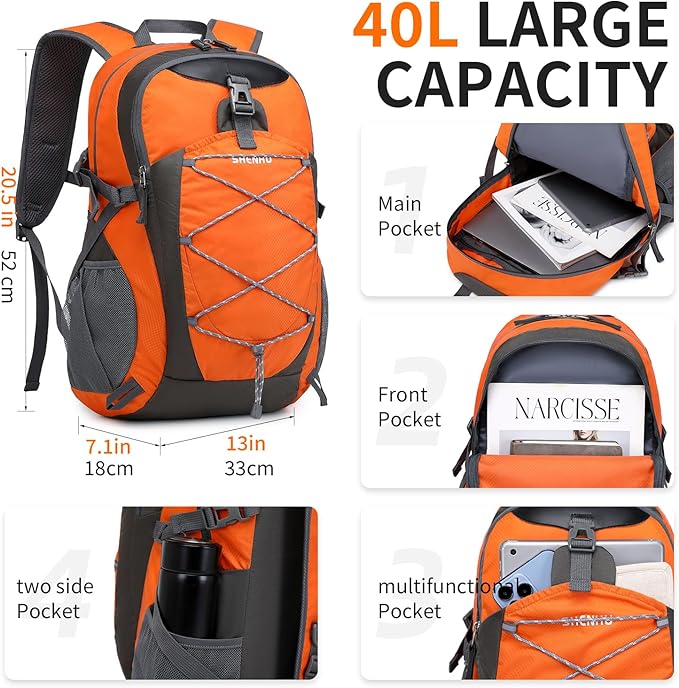 40L Hiking Backpack Lightweight Daypack Waterproof Travel Camping Backpack for Men Women Sport Packable
