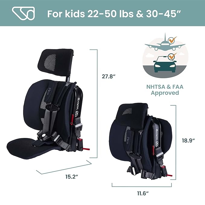 WAYB Pico Travel Car Seat with Premium Carrying Bag- Lightweight, Portable, Foldable - Perfect for Airplanes, Rideshares, and Road Trips - Forward Facing for Kids 22-50 lbs. and 30-45"