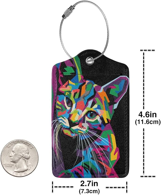 2-Pack Artistic Cat Luggage Tags for Suitcases, Leather Art Style Colorful Animal Baggage Tag with Loop, Funny Cool Name ID Card Cover Travel Bag Labels Set for Women Men Boys Girls Kids