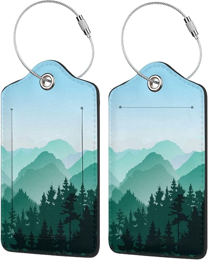2 Pcs Cute Green Mountain Luggage Tag for Suitcase, Steel Loop with Privacy Cover ID Label, Green Hill Forest Birthday Decoration Themed Travel Gift