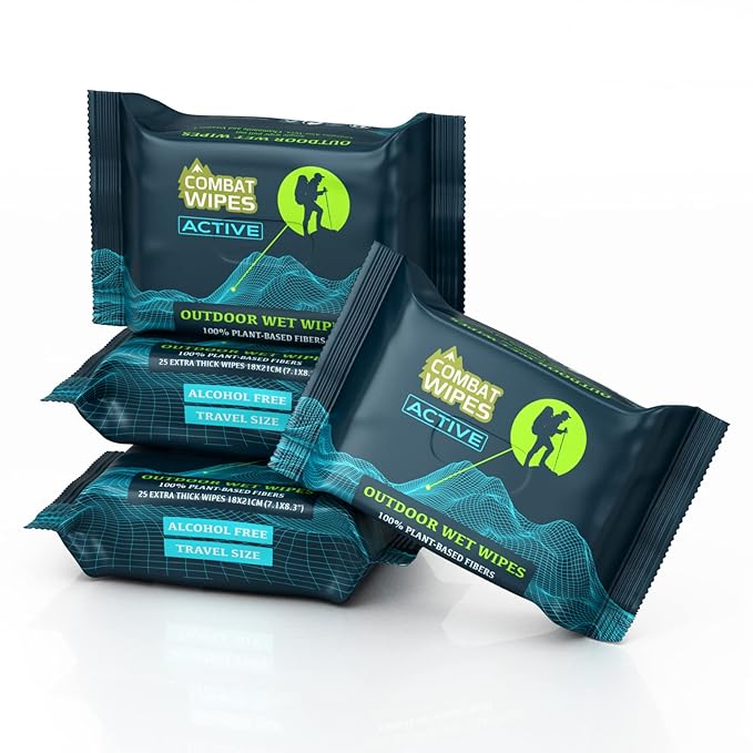 Combat Wipes ACTIVE Outdoor Wet Wipes - Extra Thick Camping Gear, Biodegradable, Body & Hand Cleansing/Refreshing Cloths for Backpacking & Gym w/Natural Aloe & Vitamin E(4 packs, 25 wipes each)