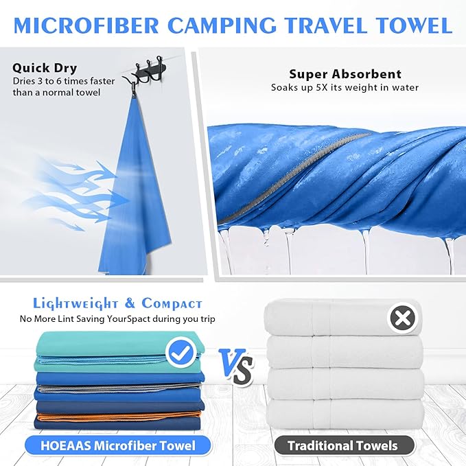 HOEAAS 2 Pack Microfiber Camping Towels, Quick Dry Towel, Super Absorbent Ultra Compact Travel Towel Soft Lightweight Sports Towel for Sweat Fast Drying Towels for Pool,Gym,Hiking,Backpacking,Fitness
