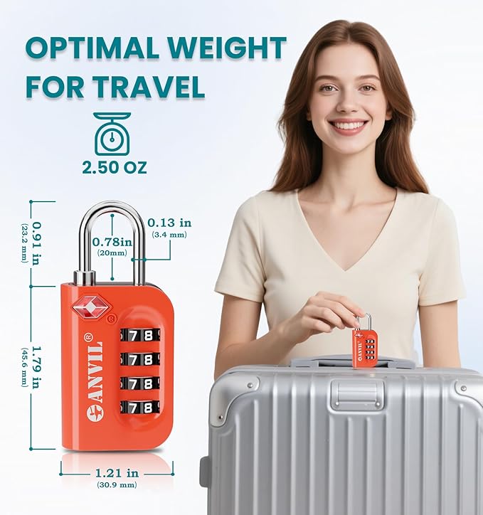 ANVIL TSA Approved Luggage Lock - 4 Digit Combination, 10,000 Combinations, Easy-Read Password Window, Travel Lock for Suitcases, Backpacks, Gym & Student Lockers, Baggage
