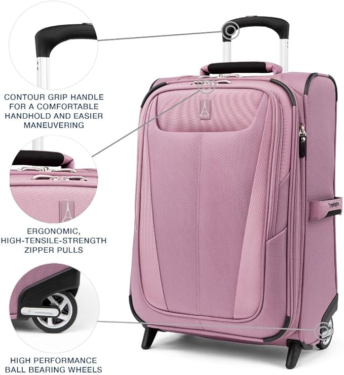 Travelpro Maxlite 5 Softside Expandable Upright 2 Wheel Carry on Luggage, Lightweight Suitcase, Men and Women, Orchid Pink Purple, Carry On 22-Inch
