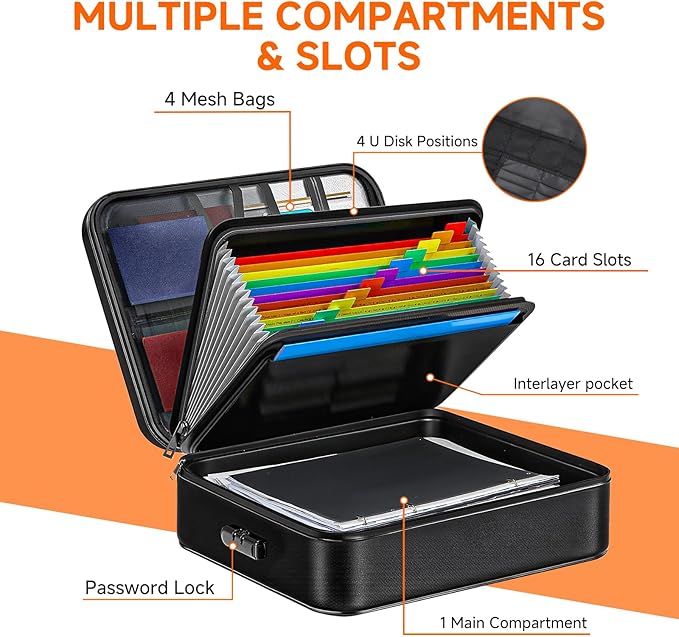 Fireproof Document File Organizer Bag, 5200°F Portable File Organizer with Lock, 16 Layer File Box Waterproof and Heat Insulated Safe Storage for Important Documents, Laptop, and Files and More