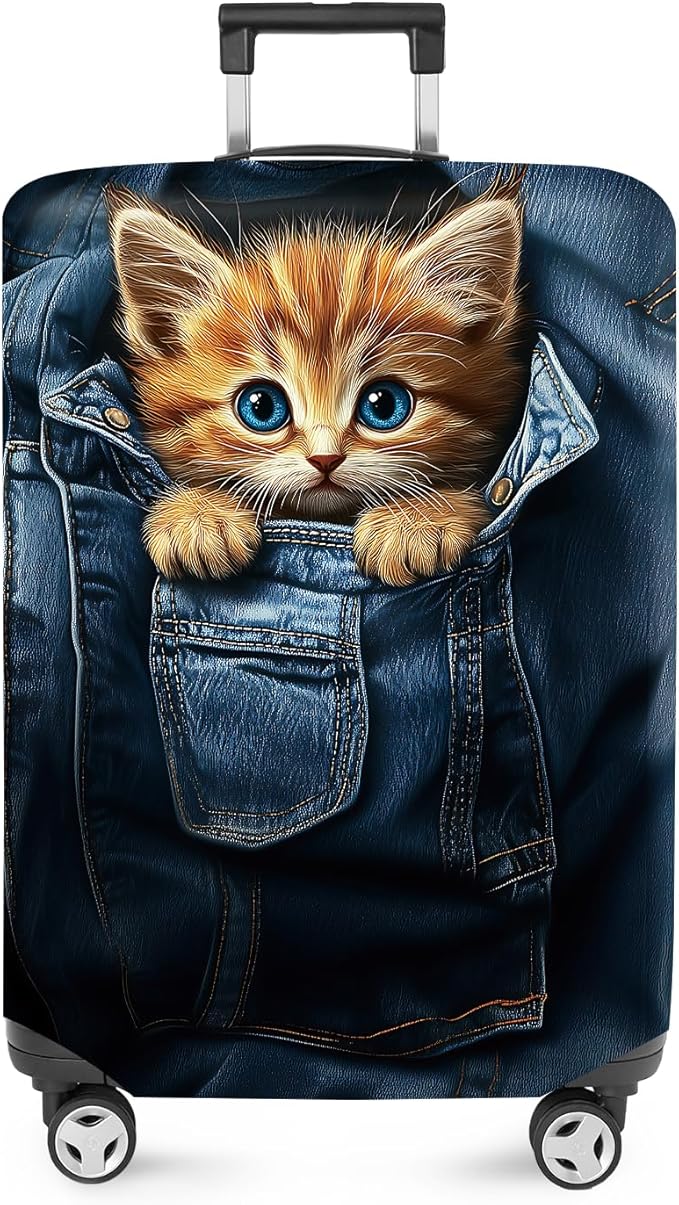 ANNA QUEEN Cute Kitten in Pocket Luggage Cover, Funny Cat Suitcase Protector with Denim Print, Stretchable & Washable Spandex Travel Cover for 24-26 Inch Luggage