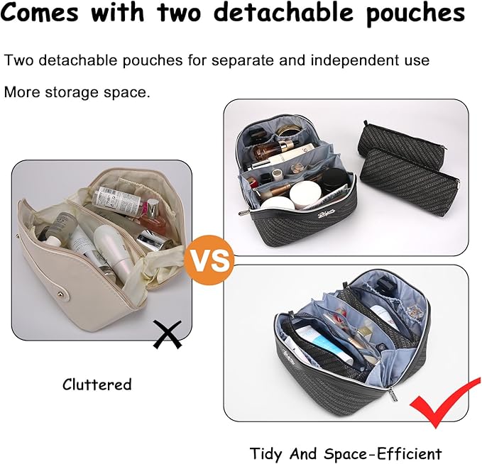 BOYATU Travel Makeup Bags for Women: Large Cosmetic Bag Waterproof - Vegan Leather Make up Bag Set of 3 - Compact Toiletry Organizer with Compartments & Handle & Divider (Z-Black)