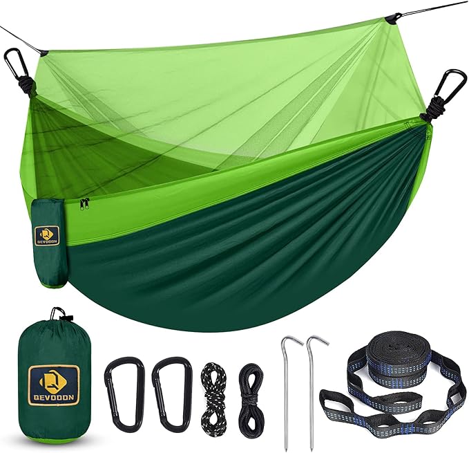 Camping Hammock with Net,Travel Portable Lightweight Hammocks with Tree Straps and Solid D-Shape Carabiners,Parachute Nylon Hammock for Outsides Backpacking Beach Backyard Patio Hiking