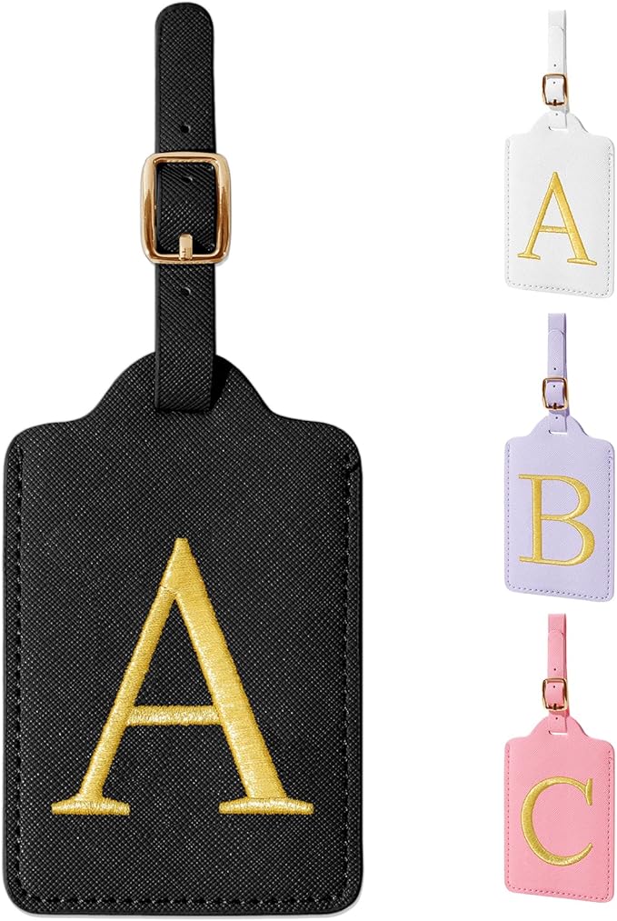Personalized Initial Luggage Tags for Suitcase TSA Approved, Black Leather Cute Luggage Tag with Privacy Cover Name Card, Embroidered Custom Luggage Tags Travel Backpack Tags Gifts for Women Kids(A)
