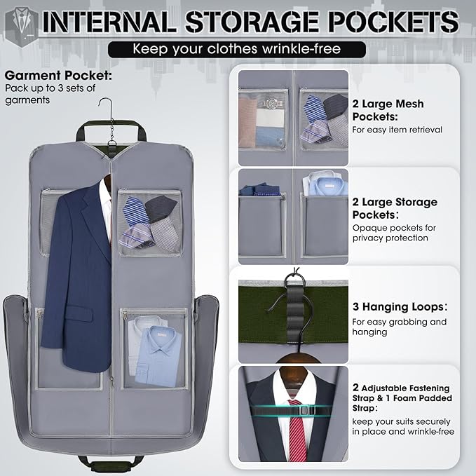RAINSMORE Garment Bags for Travel Carry On Garment Bag for Hanging Clothes, Suit Bag for Business Trips with Shoes bag & Shoulder Strap, Waterproof Foldable Suit Luggage Bag for Men Women, Green