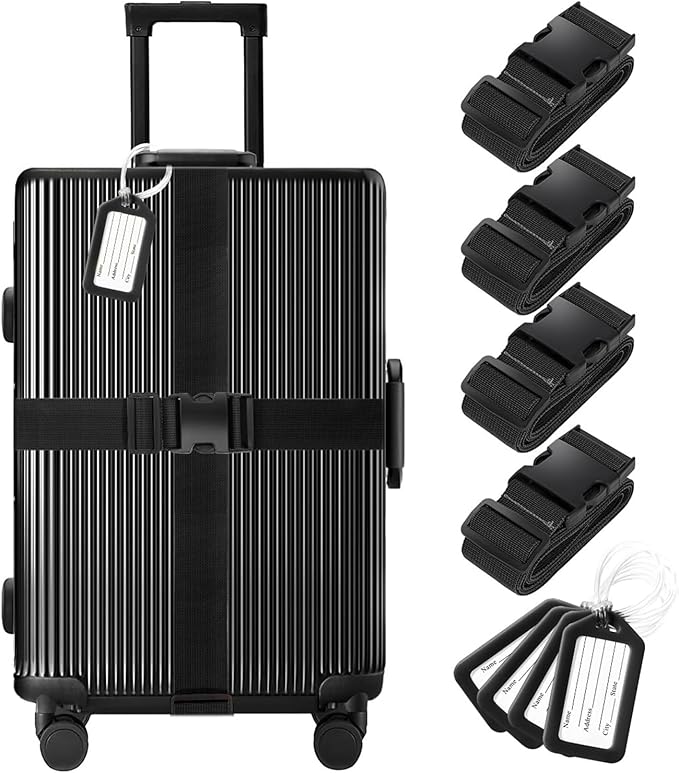 8 Pack Luggage Straps and Tags Set (4 Straps, 4 Tags), Luggage Straps for Suitcases TSA Approved Suitcase Belt Luggage Tags, Black