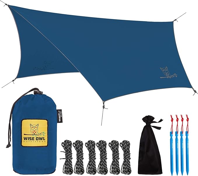 Wise Owl Outfitters Hammock Rain Fly – Waterproof Camping Tarp Cover with Tent Stakes & Carry Bag, Ultralight Shelter for Backpacking & Outdoor Shade