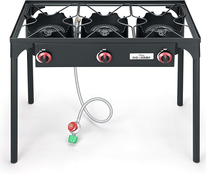 High Pressure Triple Propane Burner Outdoor Propane Camping Stove with 0-20 PSI Adjustable High Pressuer Regulator and Steel Braided Hose 3 Burner Stove Brewing Supply SA3500