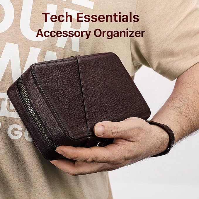 Top Grain Leather Text Custom Electronic Organizer Zipper Bag Tech Pouch, Handmade, Portable Compact Travel Storage Cases for Phone, USB Cables, Power Banks, Chargers, Hard Drive