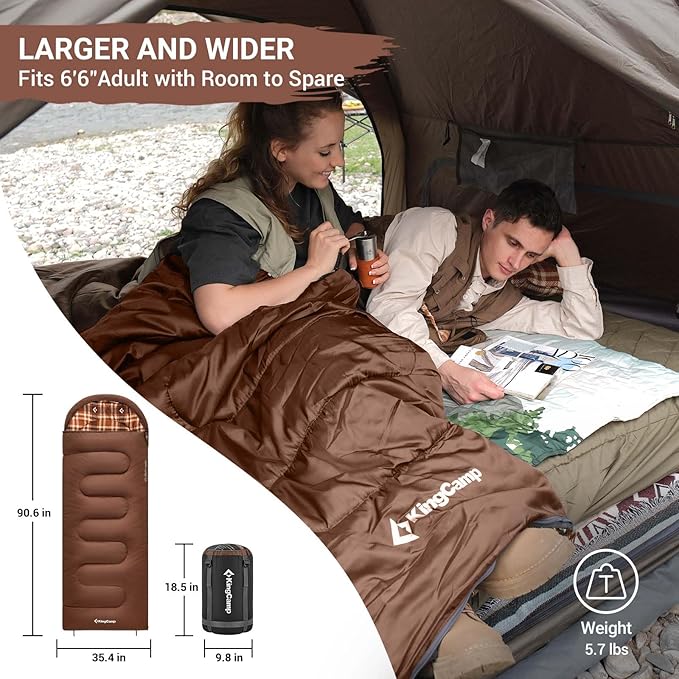 KingCamp Sleeping Bag for Adults, Cold Weather & Warm XL Big and Tall Flannel Sleeping Bags with Compression Sack Portable Waterproof Essentials Gear Accessories for Outdoor Camping