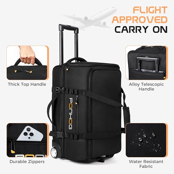 Rolling Duffle Bag with Wheels, Large Travel Duffel Bag with Shoe Compartment, Water Resistant Rolling Wheeled Luggage for Men Women Weekender Overnight Trip
