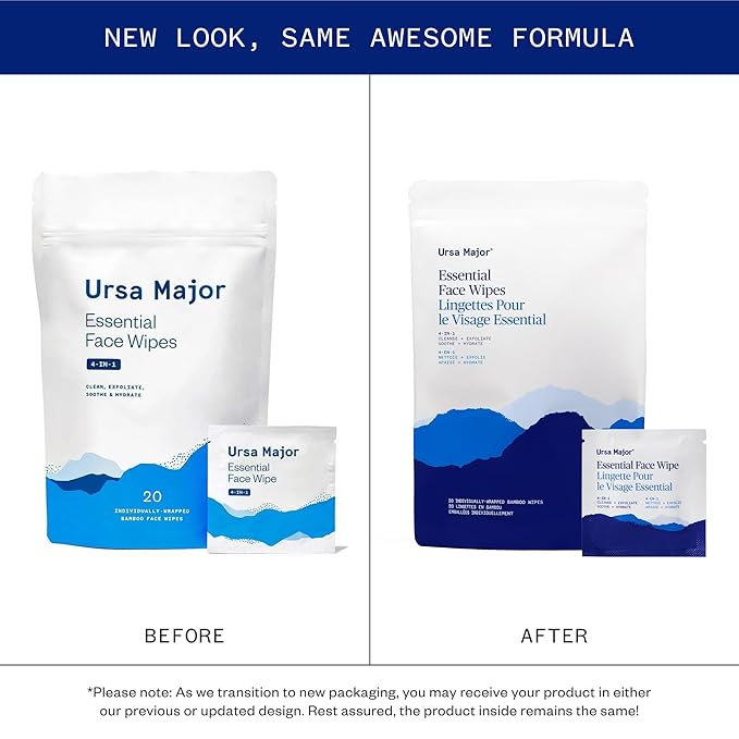 Ursa Major Essential Face Wipes | Natural, Biodegradable, Cruelty-Free | Cleanse, Exfoliate, Soothe and Hydrate | Individually Wrapped | 20 Count