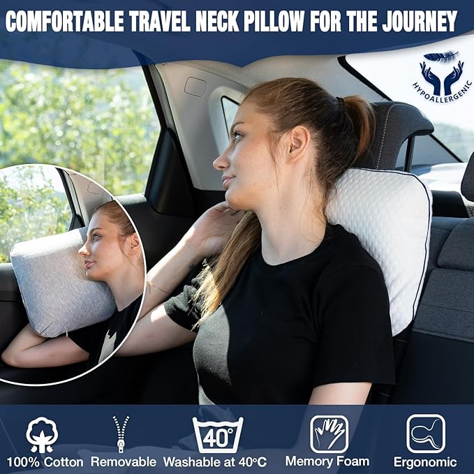 Travel & Camping Comfortable Memory Foam Pillow – Easy to Carry Portable Bag – Temperature Regulating Pillow Case (White + Extra Cover)
