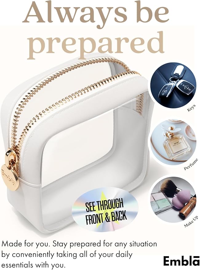 Clear Makeup Bag Zipper Pouch, Transparent Cosmetic Case Organizer, TSA Approved Travel Toiletry Case, Travel Accessories Essentials Makeup Tote for Women, Mini Cute Make up Bag for Purse - White