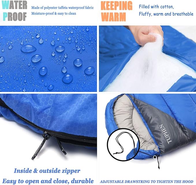 tuphen- Sleeping Bags for Adults Kids Boys Girls Backpacking Hiking Camping Microfiber Liner, Cold Warm Weather 4 Seasons Indoor Outdoor Use, Lightweight & Waterproof