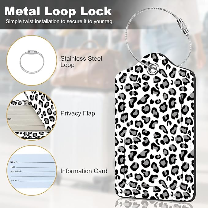 2Pack Luggage Tags for Suitcases, Cute Unique Pu Leather Cruise Luggage Tag with Privacy Cover ID Label Address Card and Metal Ring Suitable for Women Men Kids Travel Bag Gray Leopard Print