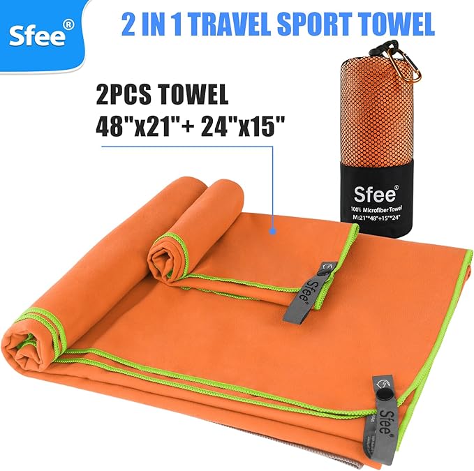 Sfee 2 Pack Microfiber Travel Towel, Quick Dry Towel Camping Towel Super Absorbent Compact Lightweight Sports Swim Gym Towel Beach Towels Set for Gym, Hiking, Pool, Backpacking, Bath, Yoga