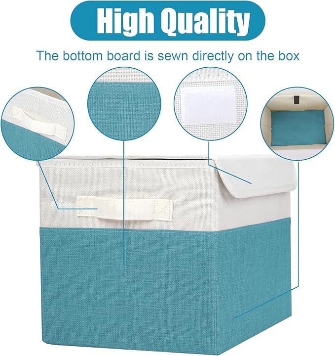Large 22 Quart Linen Fabric Foldable Storage Bin Cube Organizer Basket with Flip-Top Lid & Handles, Clothes Blanket Box for Home, Office, Closet, Teal & White, 4 Pack 14.6 x 9.5 x 9.5