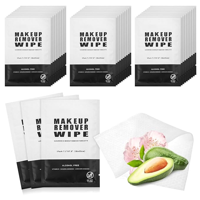200 Count Makeup Remover Wipes Individually Wrapped Makeup Wipes Bulk Face Cleansing Wipes,Individual Wet Wipes, Travel Towelette Makeup Remover Cloth for Face Cleansing Skin Care Remove Makeup(Black)