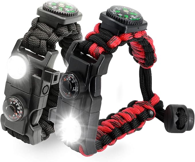 20 in 1 Survival Paracord Bracelet Adjustable Gear Kit with SOS LED Light, Fire Starter, Bigger Compass, Survival Whistle, Perfect for Camping, Hiking, Fishing