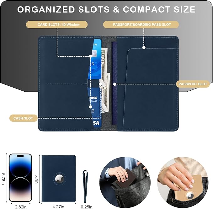 Passport Holder for Men Women Travel, Real Leather Passport Wallet, Handmade Passport Cover Case with Airtag Slot, Travel Must Haves Essentials Accessories Birthday Gifts (Crazy Horse, Blue)