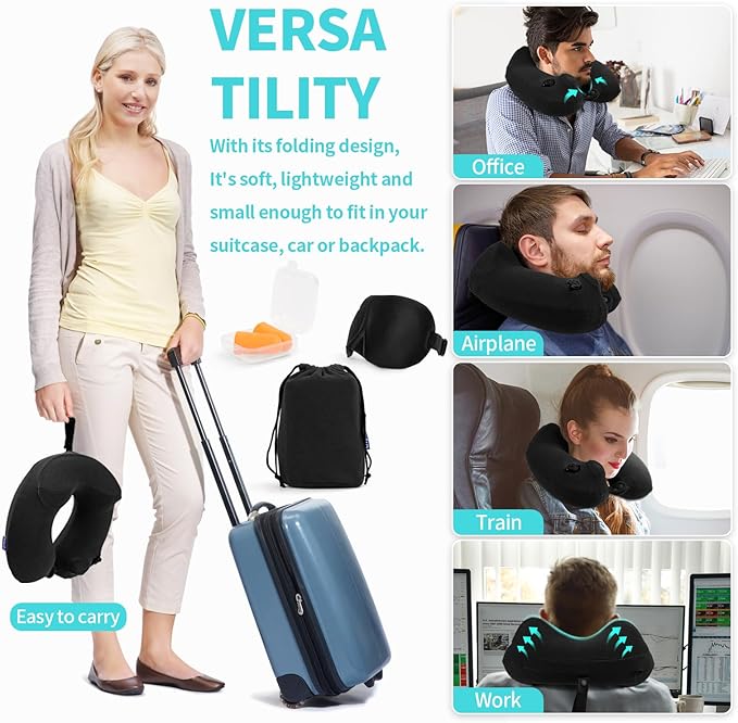 Inflatable Travel Neck Pillow for Airplane, Head Support Velvet Adult Neck Pillow for Long Flight, Kit with Eye Mask, Earplugs and Storage Bag,1, Black