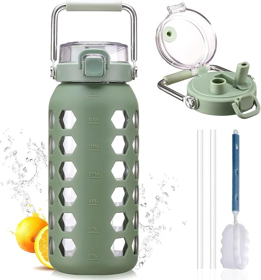 MUKOKO 64oz Glass Water Bottles with Straw and Lid,Half Gallon Water Bottle with Time Marker,Large Glass Water Jug with Silicone Sleeve and Stainless Steel Handle-Olive