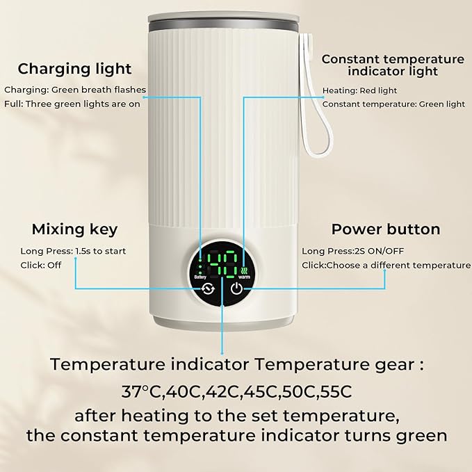 Portable Bottle Warmer for Travel,12 oz Baby Bottle Warmer,Built-in Mixer,Fast & Even Heating Formula to Keep Nutrient,Defrost,Leakproof,Accurate Temp Control,Keep Warm for a Long Time,Gift