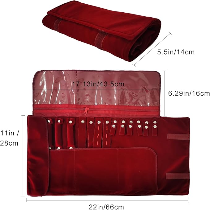 Velvet Travel Jewelry Case Roll Bag Organizer for Necklace Bracelet Earrings Ring (Black) (Burgundy)