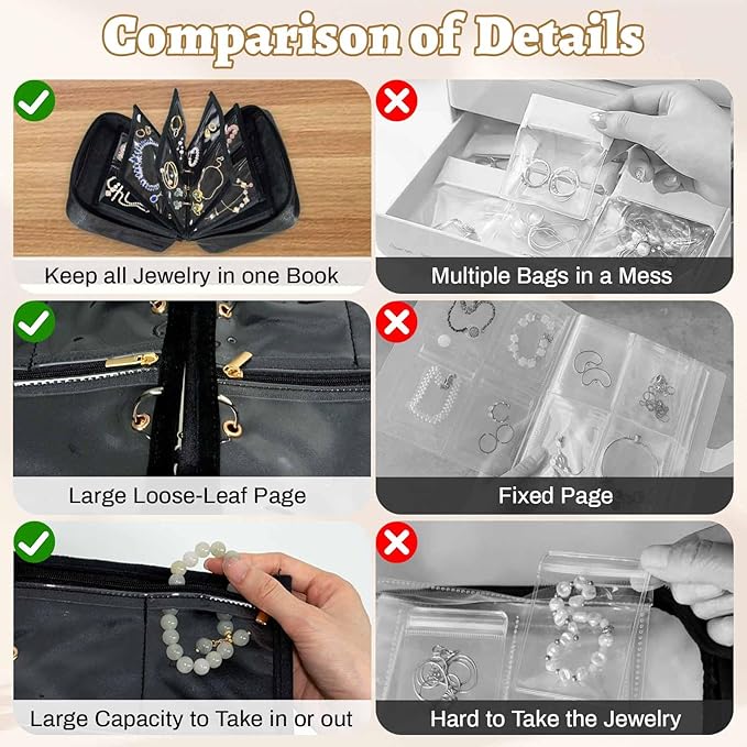 Travel Jewelry Organizer Case, Jewelry Storage Bag with Zipper Velvet Pockets, Portable Jewelry Case for Necklaces, Rings, Earrings, Bracelets