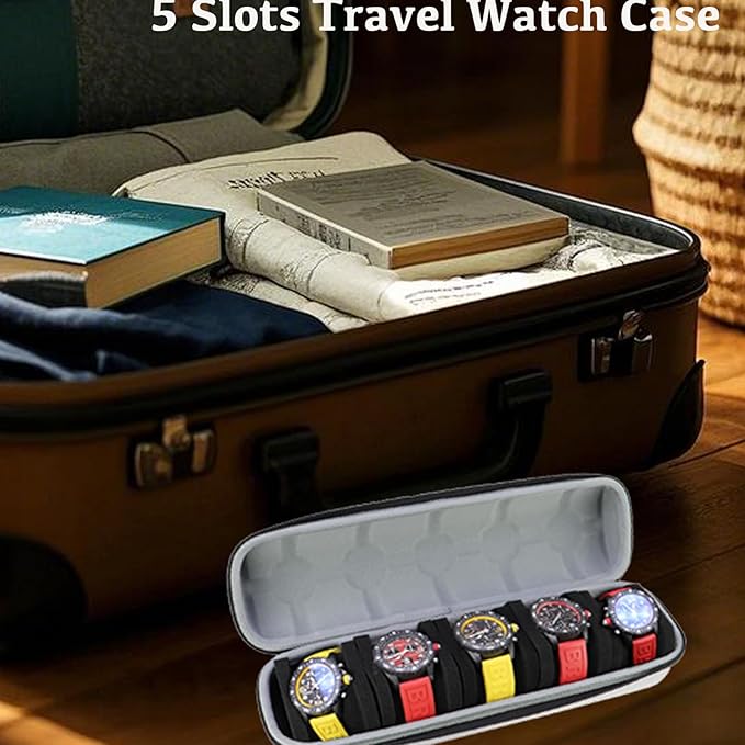Juntan 5 Slots Hard Watch Travel Case, Portable Nylon Travel Watch Roll Case, Zipper Storage Organizer Box for Men Women with Soft Compressible Foam Pillow Silver