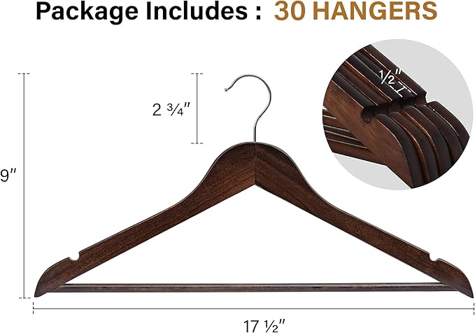 StorageWorks Wooden Hangers 30 Pack, Wood Coat Hanger for Coats, Shirts, Jackets, Pants, Suits, Walnut Color