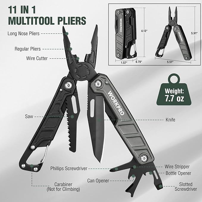 WORKPRO Multitool-11 in 1 Multitool Pliers with Pocket Clip and Sheath-EDC Multi Tool Knives with Safety Lock-Camping Tools Pocket Knife with Screwdriver Saw Blade Wire Cutter and Bottle Opener
