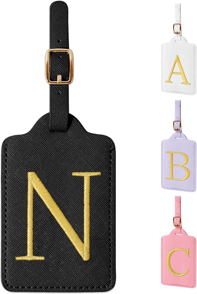 Personalized Initial Luggage Tags for Suitcase TSA Approved, Black Leather Cute Luggage Tag with Privacy Cover Name Card, Embroidered Custom Luggage Tags Travel Backpack Tags Gifts for Women Kids(N)