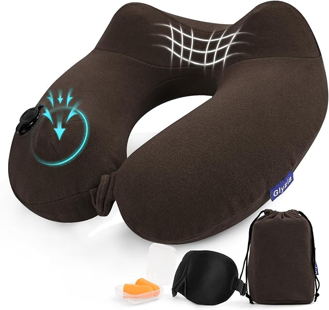 Inflatable Travel Neck Pillow for Airplane, Head Support Velvet Adult Neck Pillow for Long Flight, Kit with Eye Mask, Earplugs and Storage Bag,1, Brown
