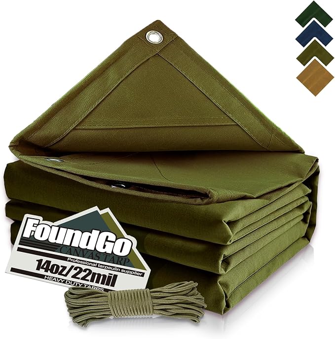 FoundGo Canvas Tarp 20x30ft Heavy Duty Waterresistant Tarps with Grommets, UV Resistant, 22 Mil Tarpaulin,14 oz Durable Cloth Covers for Car, Roof, Boat, Camp, Canopy, Woodpile with Ropes-Moss