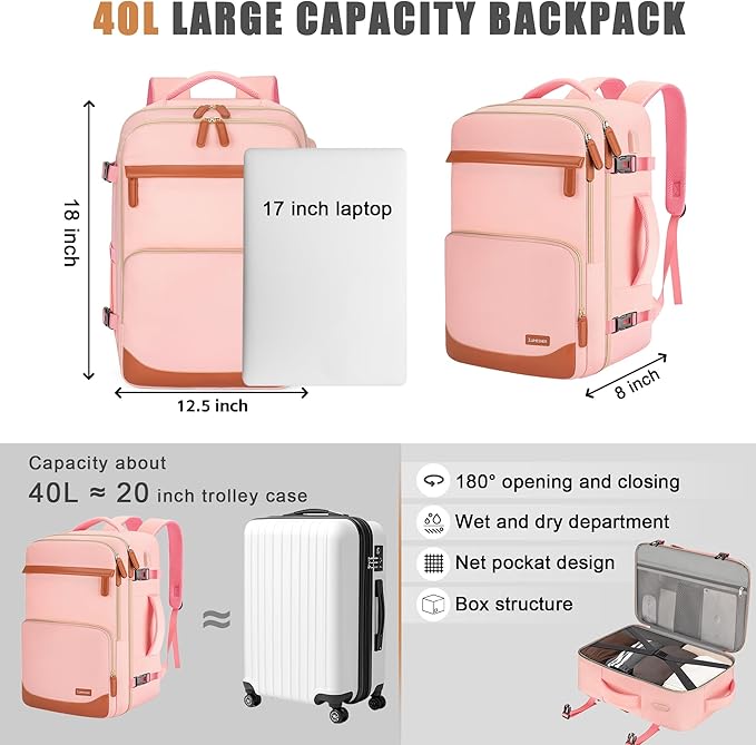 40L Travel Backpack with USB Charging Port, Water-Resistant Carry On Backpack for Men Women, Business Laptop Backpack for Trips & Commutes, Fits 15.6/17.3 Inch Laptop