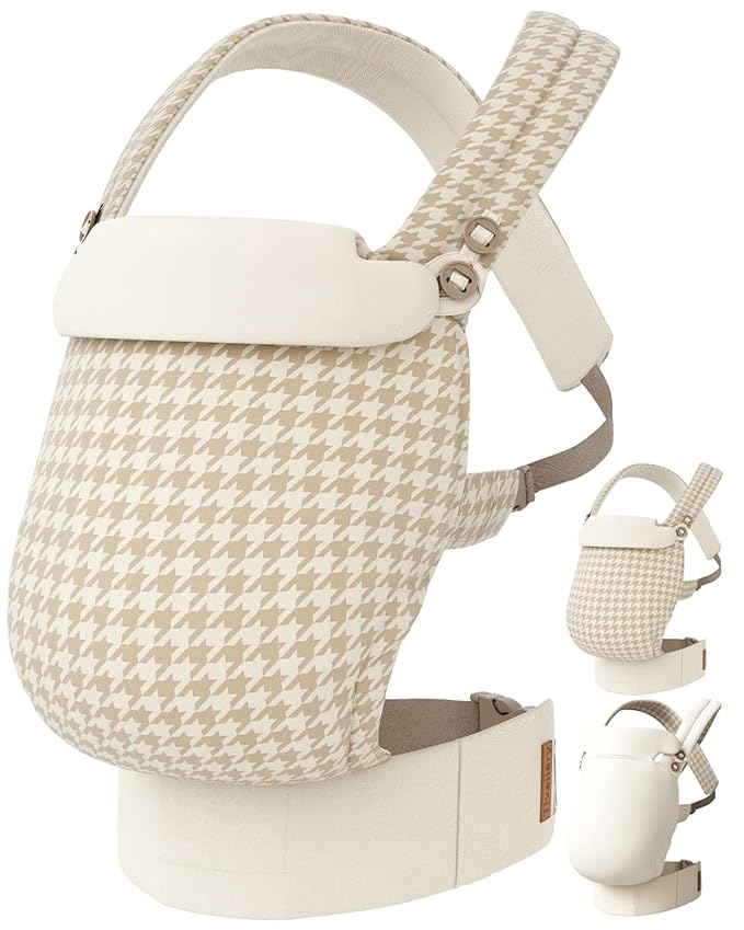 Reversible Baby Carrier, Khaki Solid & Houndstooth; Lightweight & Breathable Lyocell Fabric; Ergonomic Lumbar Support and Quick Hands-Free Wear for Newborn to Toddler (7–44 lbs)
