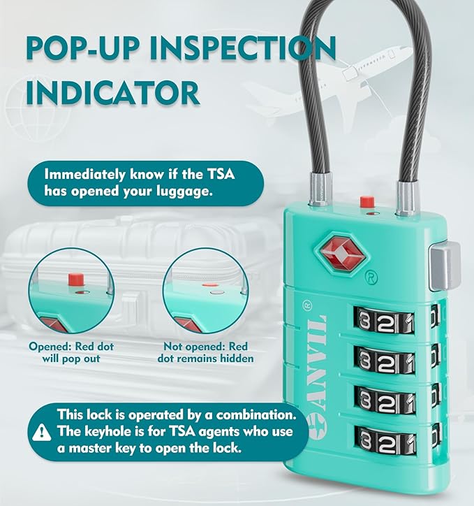 ANVIL 4 Digit Luggage Locks, TSA Locks for Luggage, Advanced TSA008 core, Alert Indicator for Your Travel Lock, Suitcase Lock.(3, Cyan)