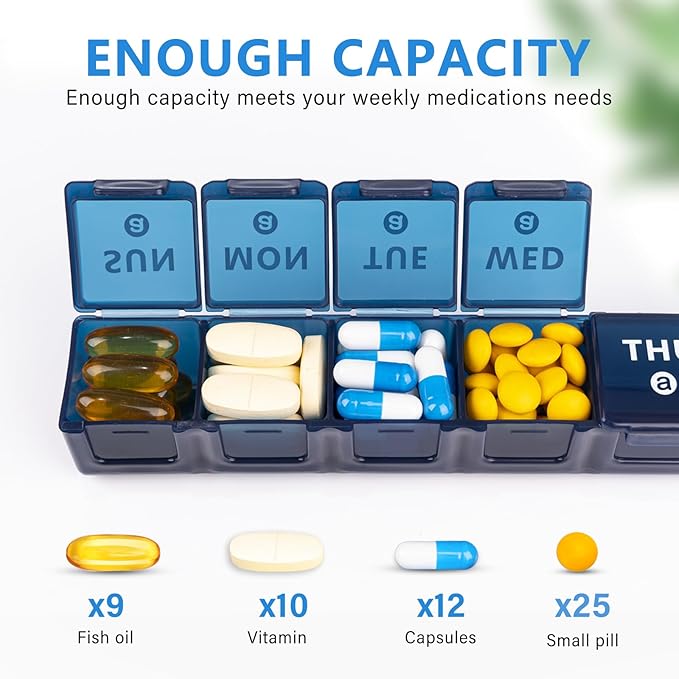 2-Pack Weekly Large Pill Organizer for Travel, 7 Day Pill Boxes and Organizer, Big Compartments Pill Case AM PM,14 Day XL Medication Organizer Dispenser for Fish Oils, Vitamin Holder Supplement