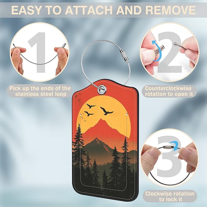2 Pcs Mountain at Sunset Luggage Tags for Suitcases PU Leather Baggage Tags Name ID Label with Privacy Cover and Stainless Steel Loop for Men Women Travel Bag Suitcase