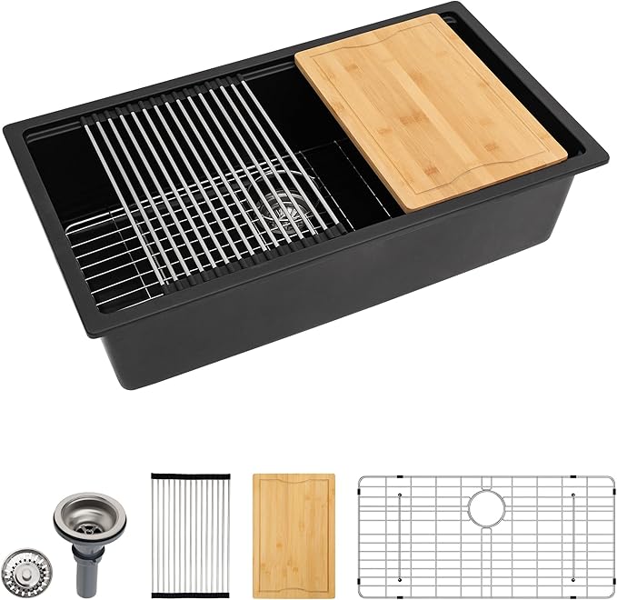 Dcolora 33 inches Granite Composite Kitchen Sink Workstation Black Undermount Single Bowl Large Kitchen Sink 33"W x 19"D x 10"H, DC-GU7743