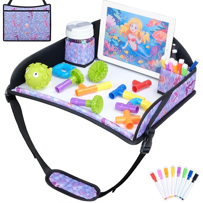 COOLBEBE Kids Travel Tray for Toddler Car Seat, Travel Tray for Airplane, Toddler Car Seat Lap Tray, Carseat Table Tray for Kids Travel Activities (Mermaid