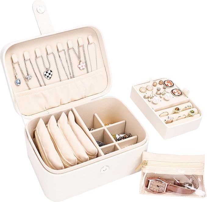 2 Layer Portable Jewelry Box, Large Jewelry Travel Case with 4 Jewelry Pouches, Medium Size Jewelry Organizer Box for Earrings, Necklaces, Bracelets (beige)