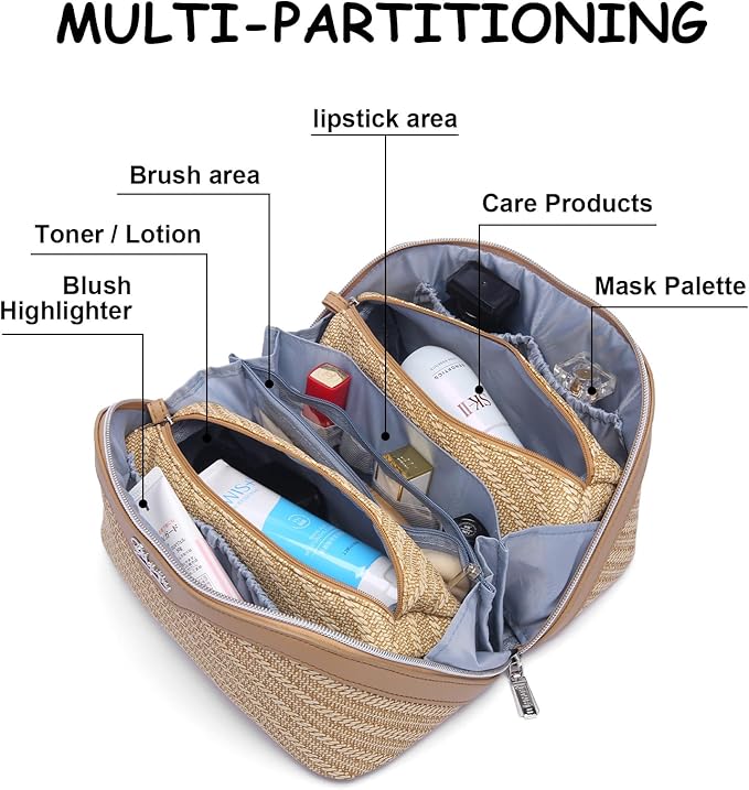 BOYATU Travel Makeup Bags for Women: Large Cosmetic Bag Waterproof - Vegan Leather Make up Bag Set of 3 - Compact Toiletry Organizer with Compartments & Handle & Divider (Z-Brown)